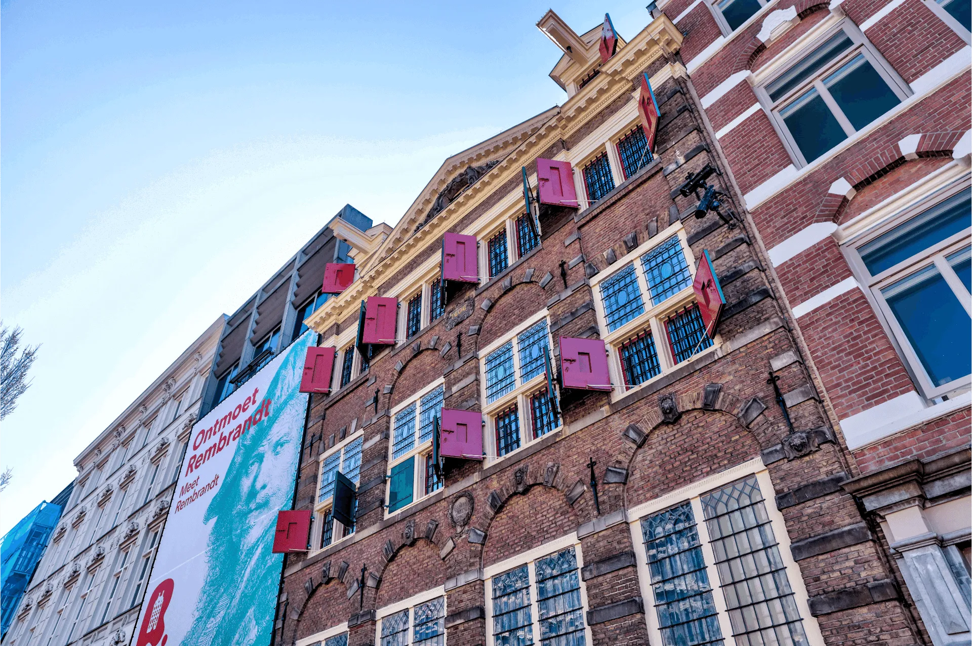 A view looking up to the Rembrandthuis Museum in Amsterdam.