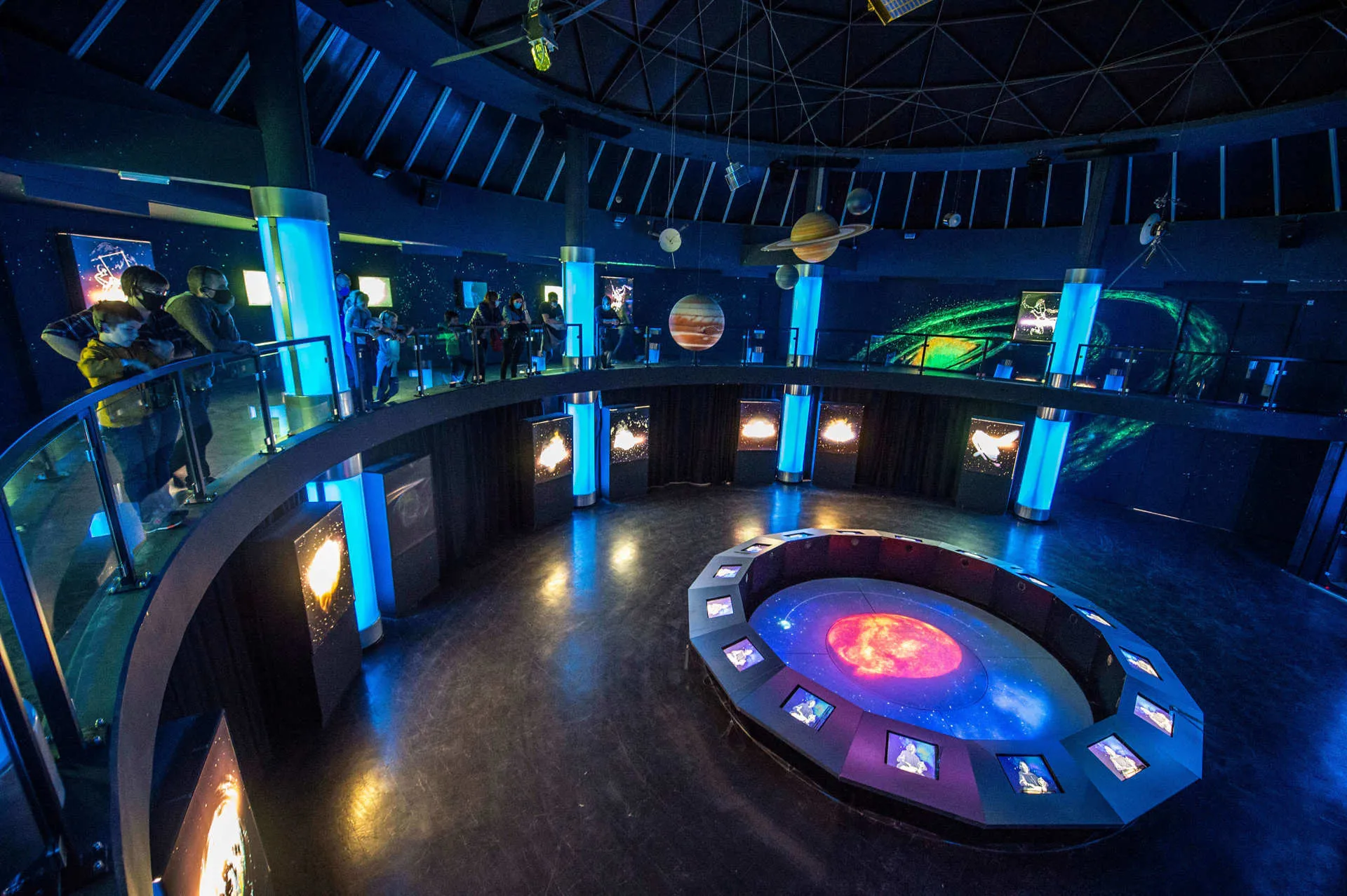 A view of inside the Brussels Eurospace Center, depicting planets of the Solar System.