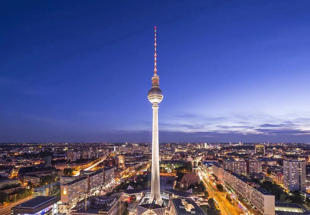 The Berlin Television Tower in Germany at night.