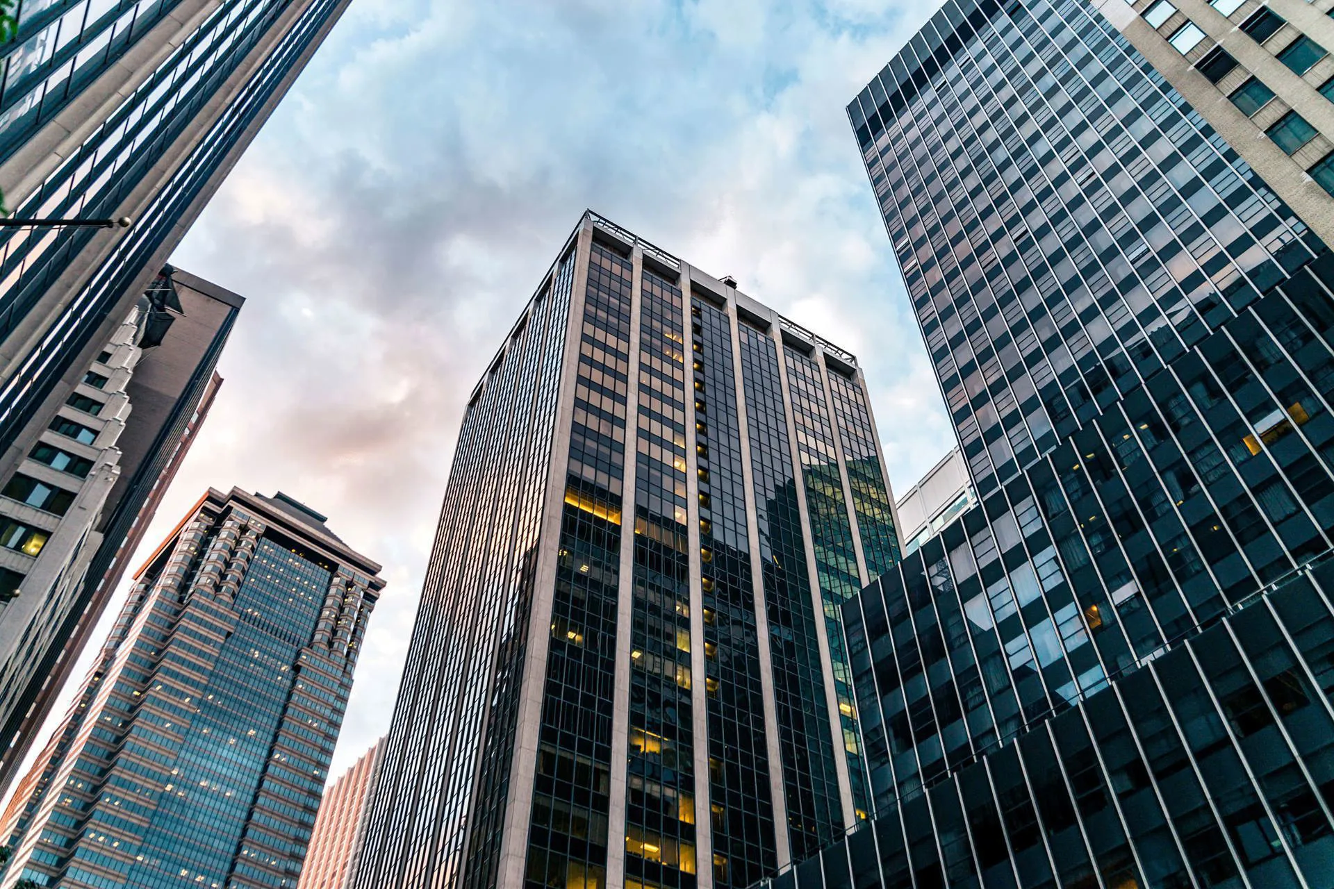 A shot from the bottom of a high rise building in New York City's Financial District.