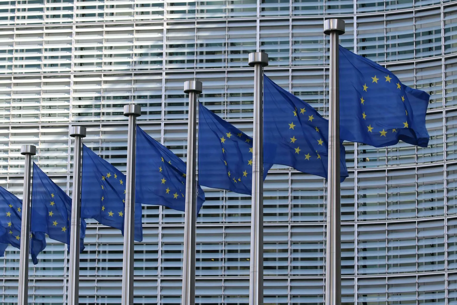Seven European Union flags are upon flag poles.