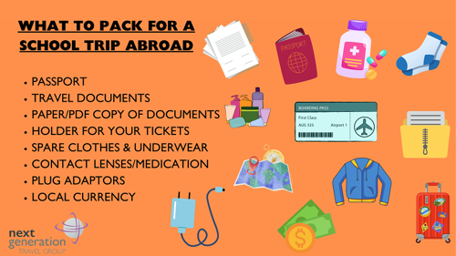 Infographic with a packing list of items for a school trip abroad, applicable to both students and teachers.