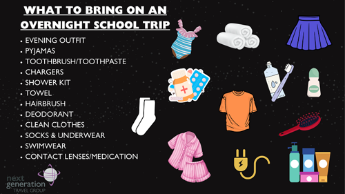 Infographic with a list of what to pack on an overnight school trip, applicable to students and teachers.
