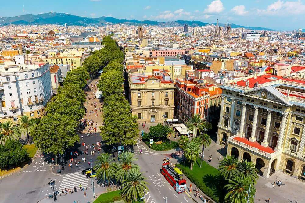 An aerial view of a square in Barcelona, with historic buildings and a row of trees.