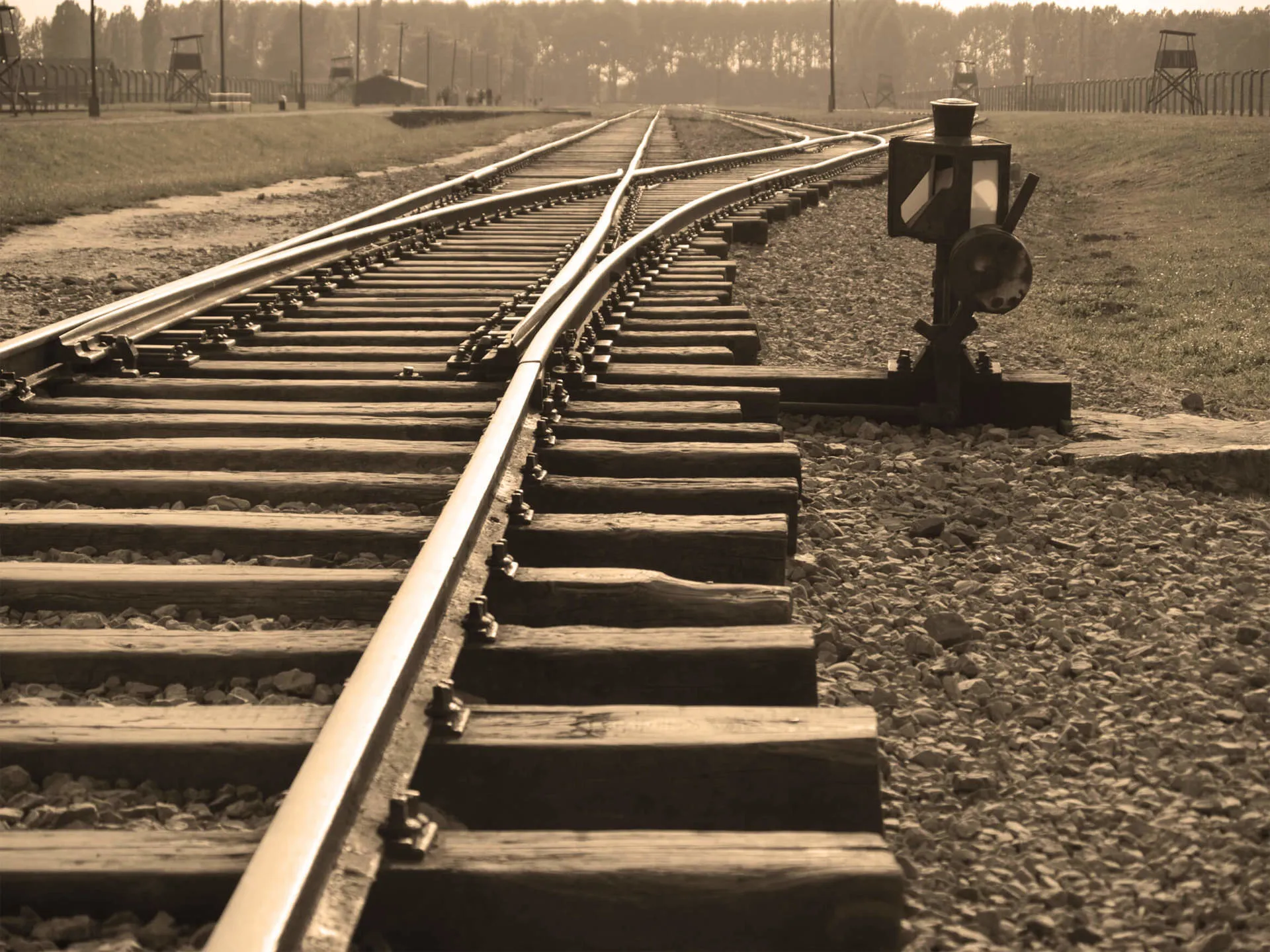 A view of the train tracks at Auschwitz Birkenau II taken in sepia to enhance the stark reality of life in the camp.