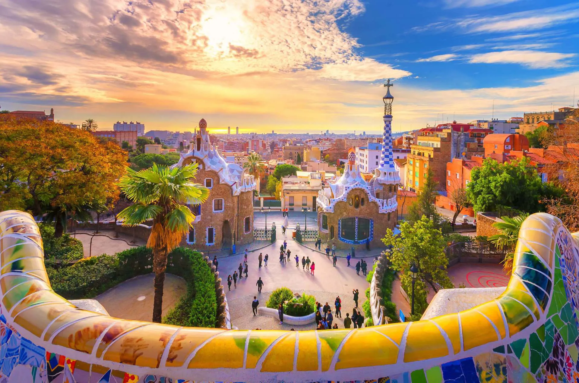 A view of Barcelona’s skyline as seen from the colourful viewing platform in Park Güell.