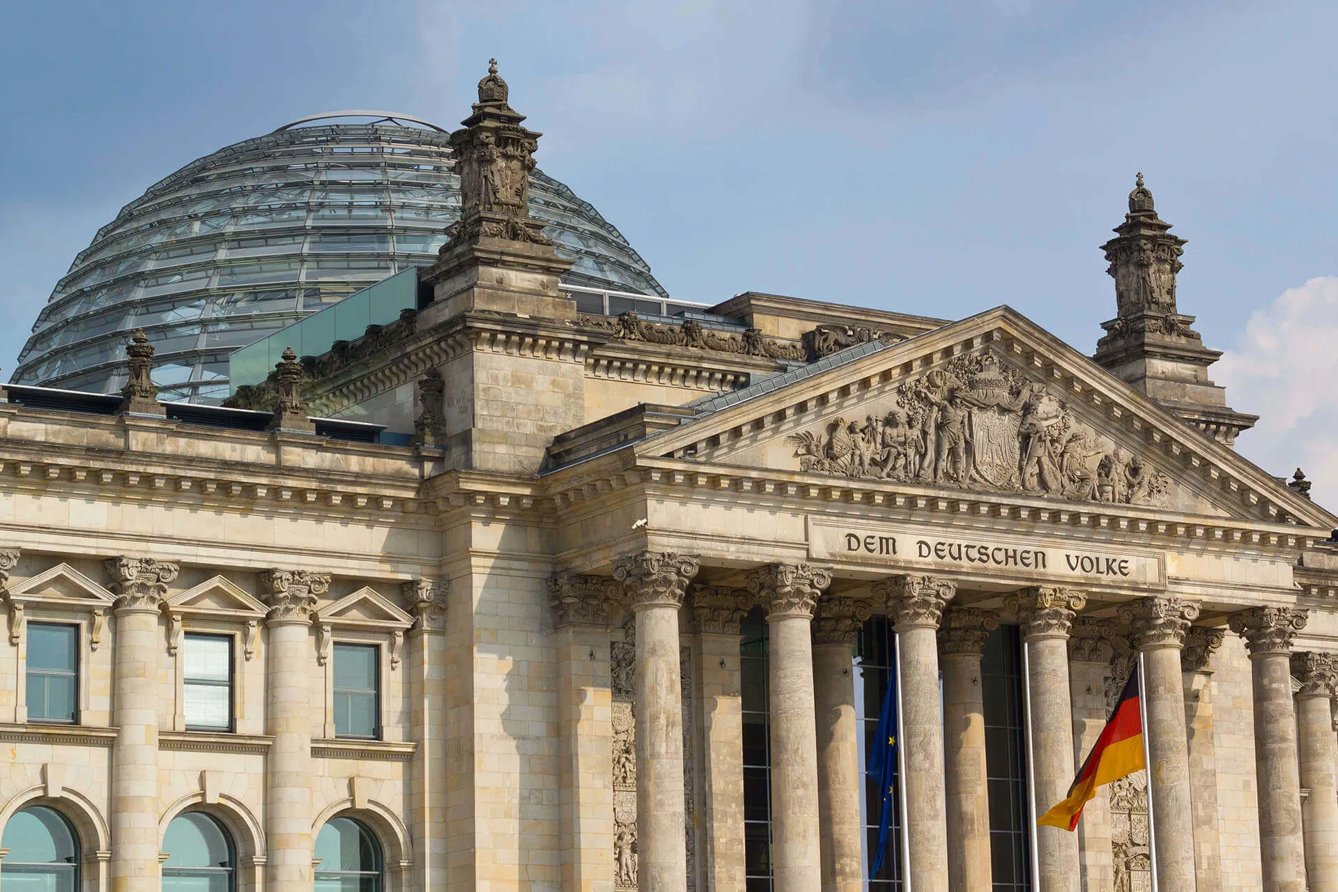 A side on view of the Reichstag Building in Berlin, Germany.