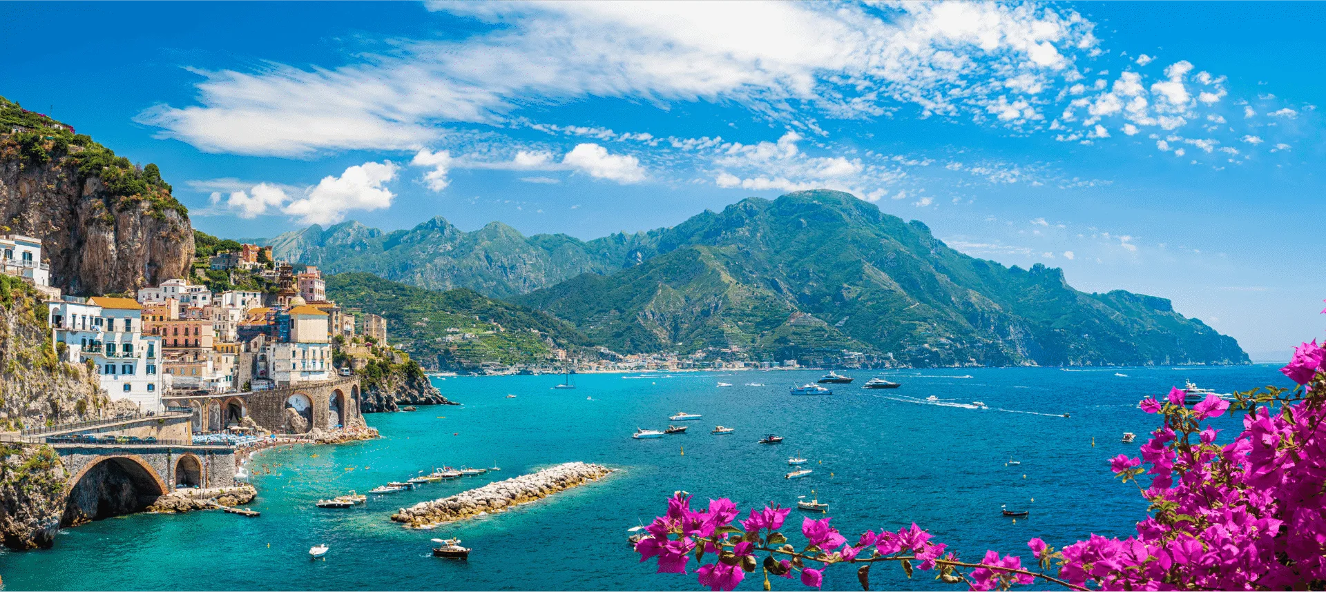 A view of mountains and the Amalfi Coast.