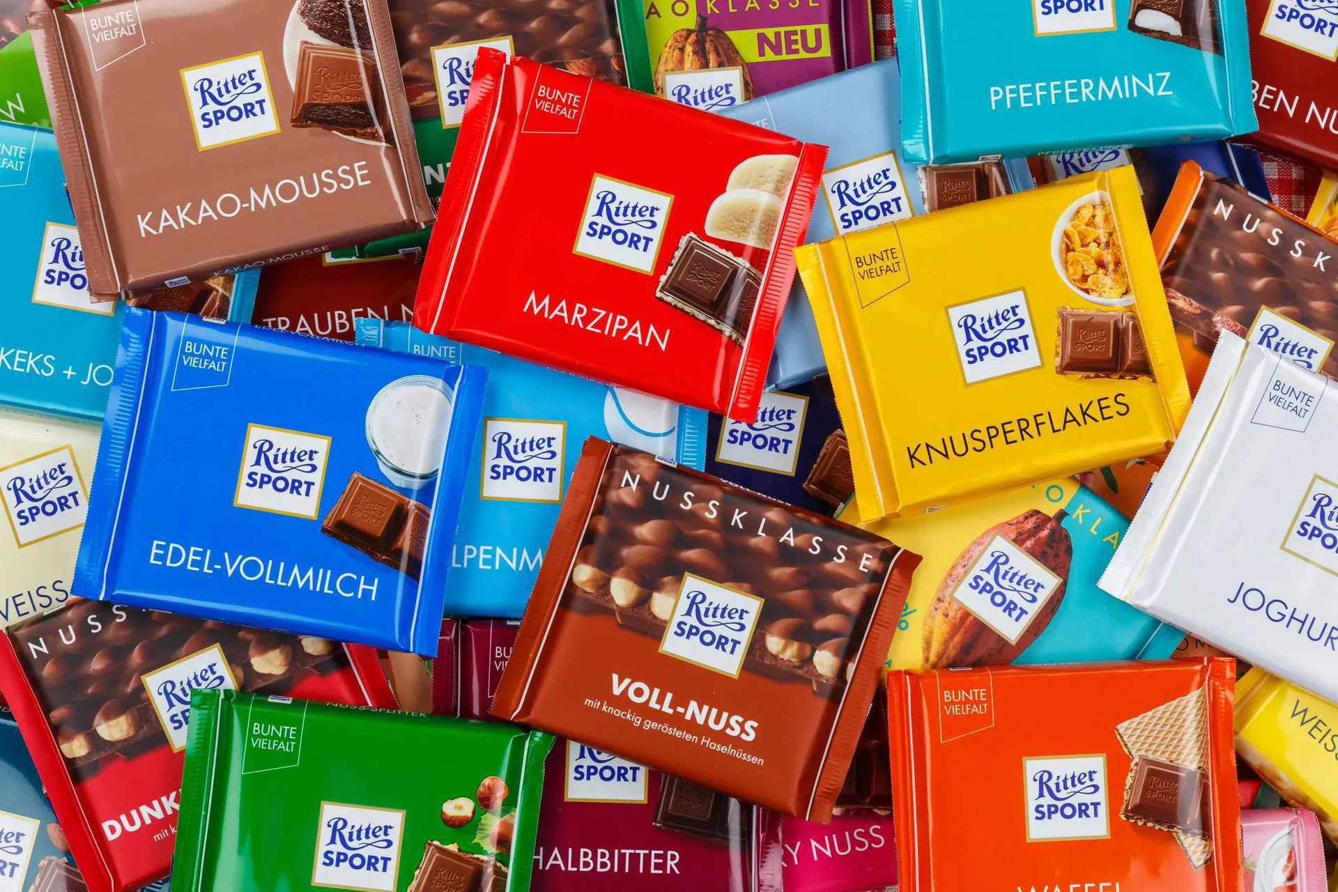 Packets of Ritter Sport chocolate bars of different colours at the Ritter Sport Chocolate Factory in Berlin.
