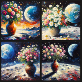 Four different outputs of an impressionism portrait of flowers on the moon that have been created using Bing Image Creator.