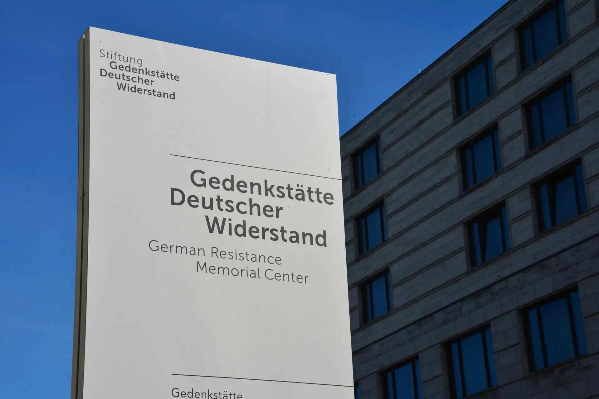A sign for the German Resistance Memorial Centre in Berlin, Germany.