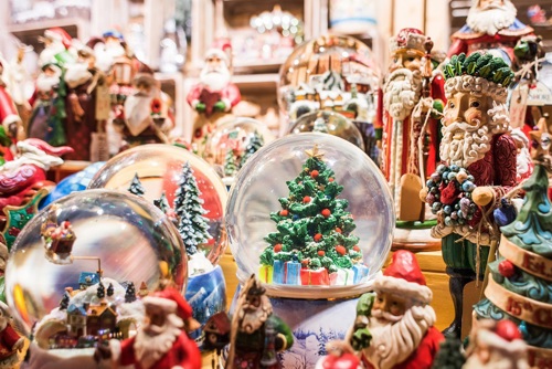 A display of Christmas ornaments in a German Christmas market.