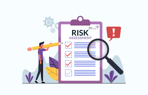 An image of a man with a giant pencil and giant clipboard with a checklist for a risk assessment.