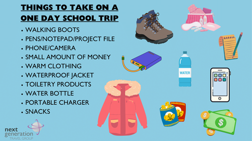 Infographic with a list of what to pack on a one-day school trip, applicable to students and teachers.