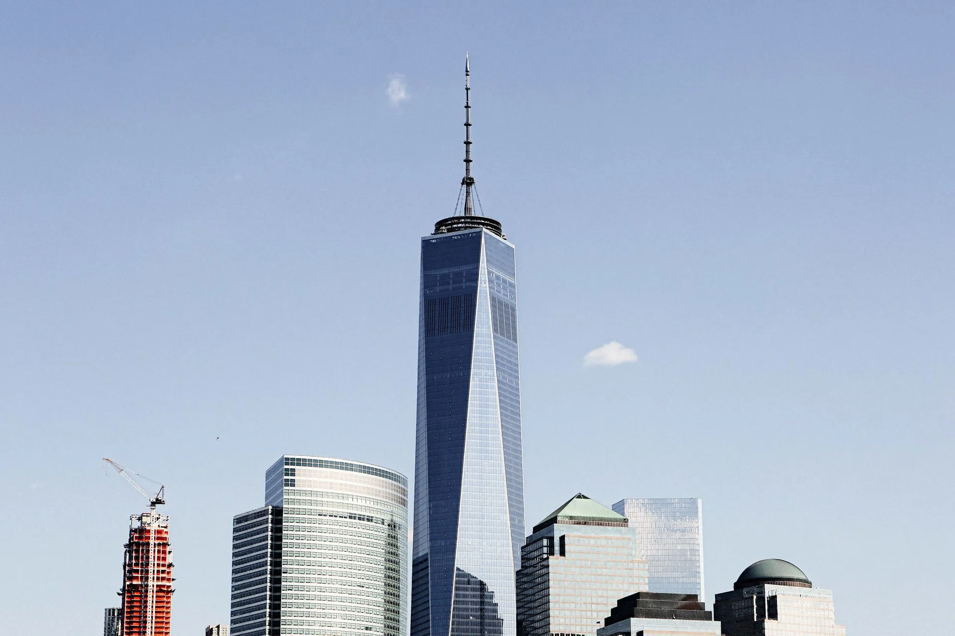The World Trade Centre in New York City on a blue sky.