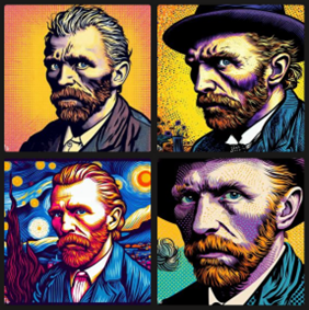 Four different outputs of Vincent Van Gogh in the style of pop art that have been created using Bing Image Creator.