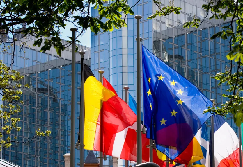Outside of the European Parliament as flags of the world are upon flag poles.