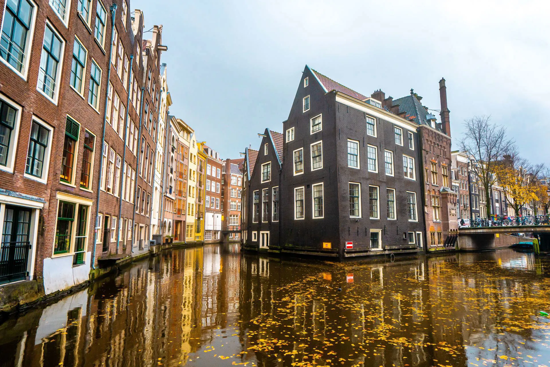 A canal runs through the Red Light District in Amsterdam.